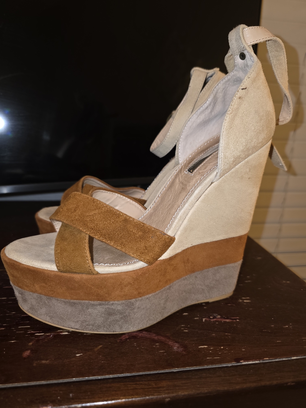 H by Halston Suede Multi-Color Platform Wedge Sandals in Brown, Tan & Gray